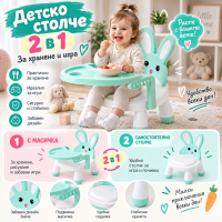 Детско столче 2 в 1 с подвижна масичка за хранене и игра – ментово зайче