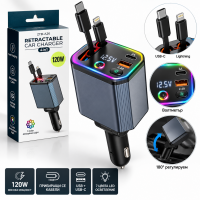 Бързо зарядно за кола 4 в 1 120W с прибиращи се кабели, USB-C, USB и волтметър