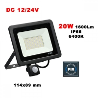 LED прожектор със сензор 20W, 1600lm, 6400K, DC10/24V, IP66, черен корпус