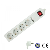 Разклонител 4 гнезда 1.5m кабел бял 16A с вграден USB