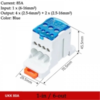 Клемен блок UKK-80A, 1 вход / 6 изхода, 80A, син