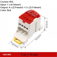Клемен блок UKK-80A, 1 вход / 6 изхода, 80A, червен